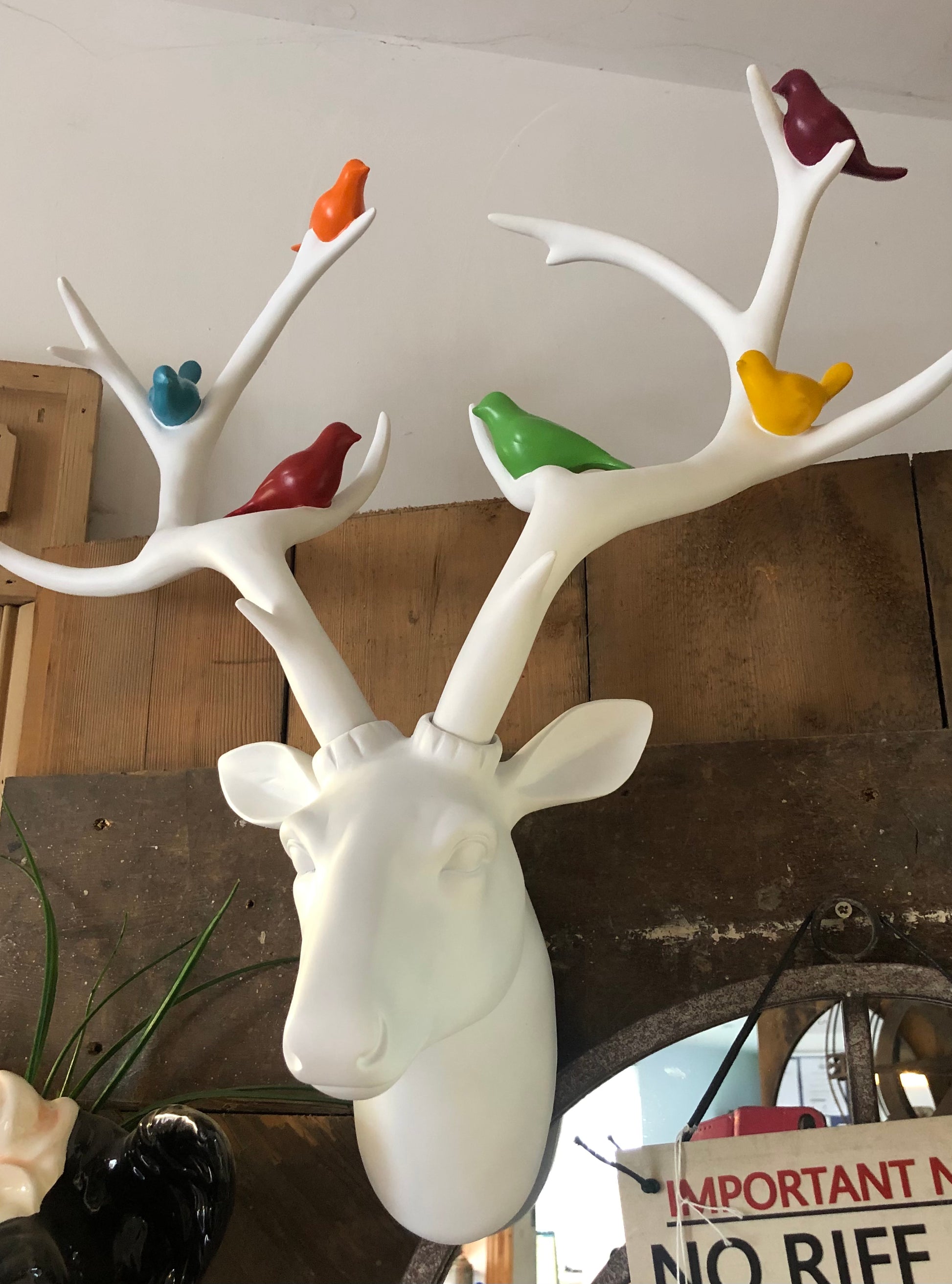 White Stag Head Wall Mount with Coloured Birds – Gloss Resin Decoration | Sign of the times Stoke