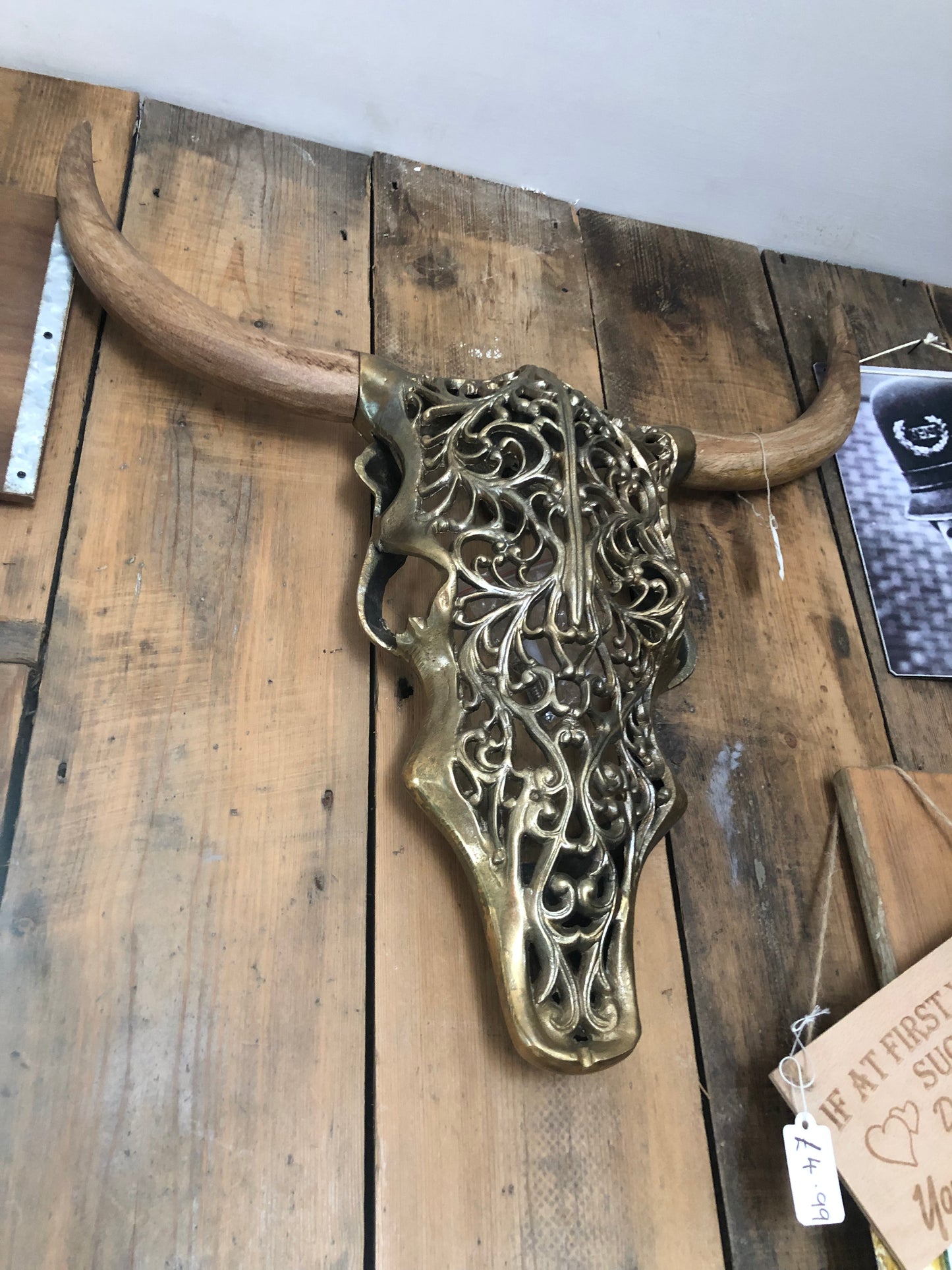 Gold Bison Skull Wall Mount - Antique Aluminium and Wood Tribal Decor | Sign of the times Stoke