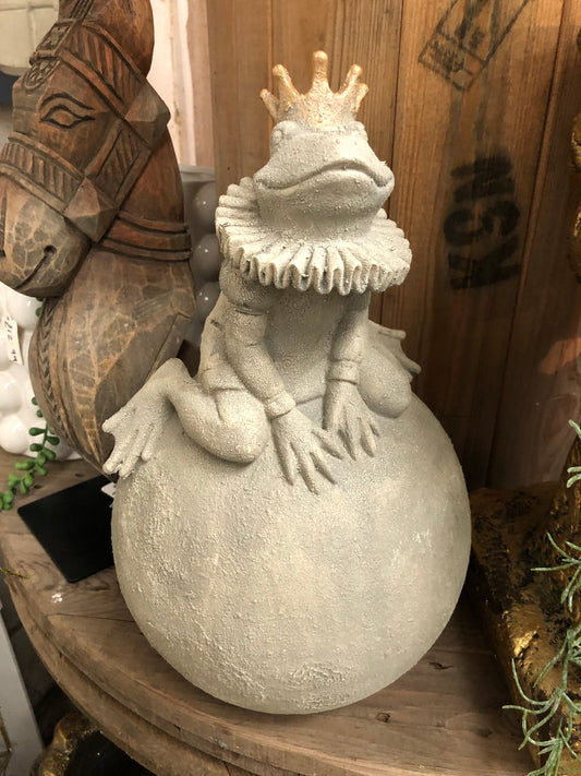 Queen Frog on Ball Sculpture - Resin Frog with Concrete Finish