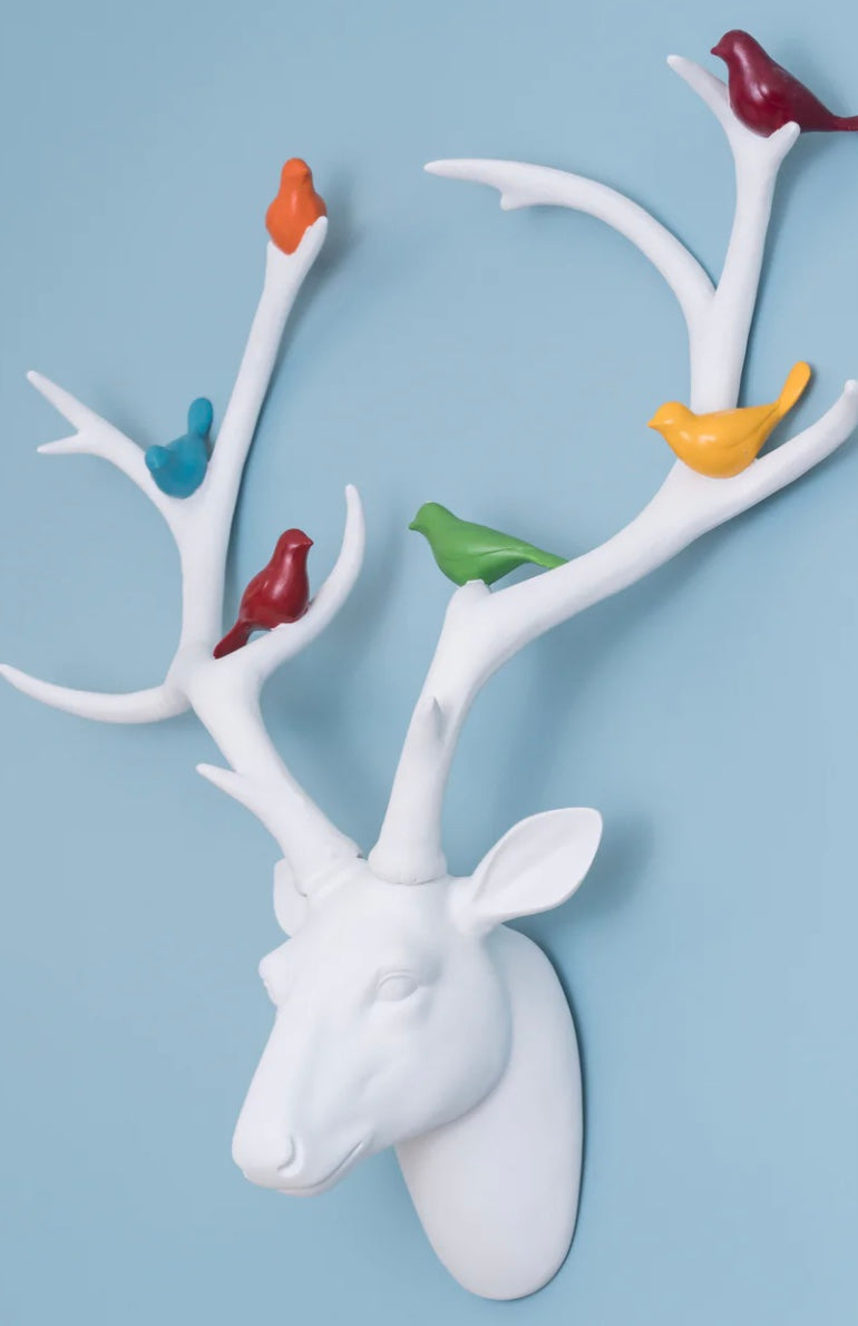 White Stag Head Wall Mount with Coloured Birds – Gloss Resin Decoration | Sign of the times Stoke