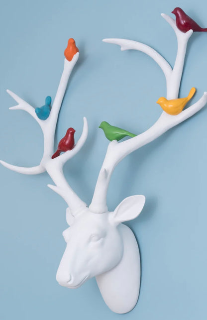 White Stag Head Wall Mount with Coloured Birds – Gloss Resin Decoration | Sign of the times Stoke