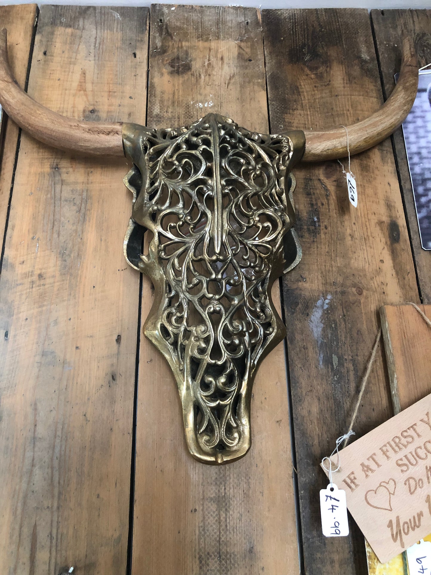 Gold Bison Skull Wall Mount - Antique Aluminium and Wood Tribal Decor | Sign of the times Stoke