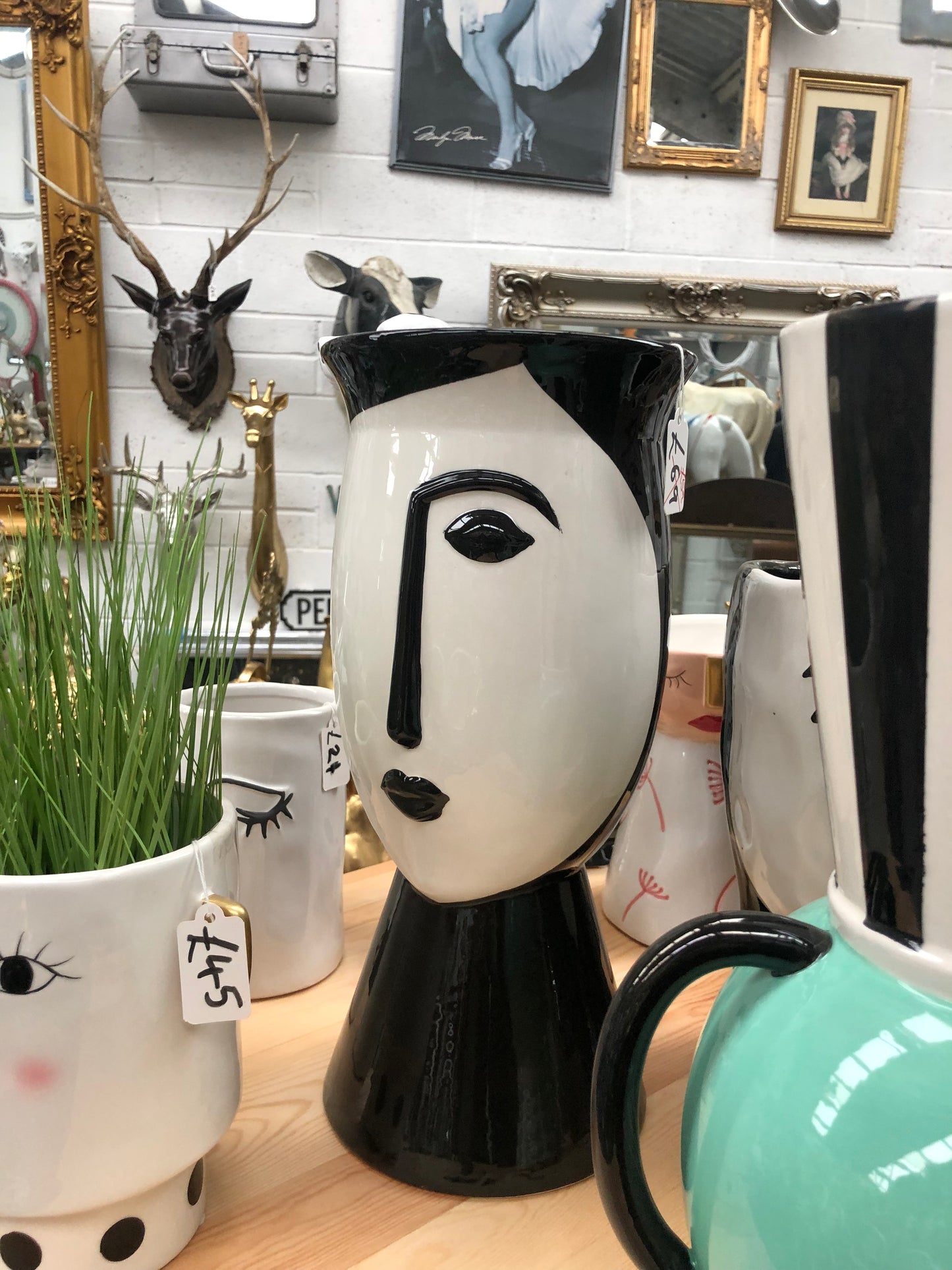 Large Unique Black and White Face Vase